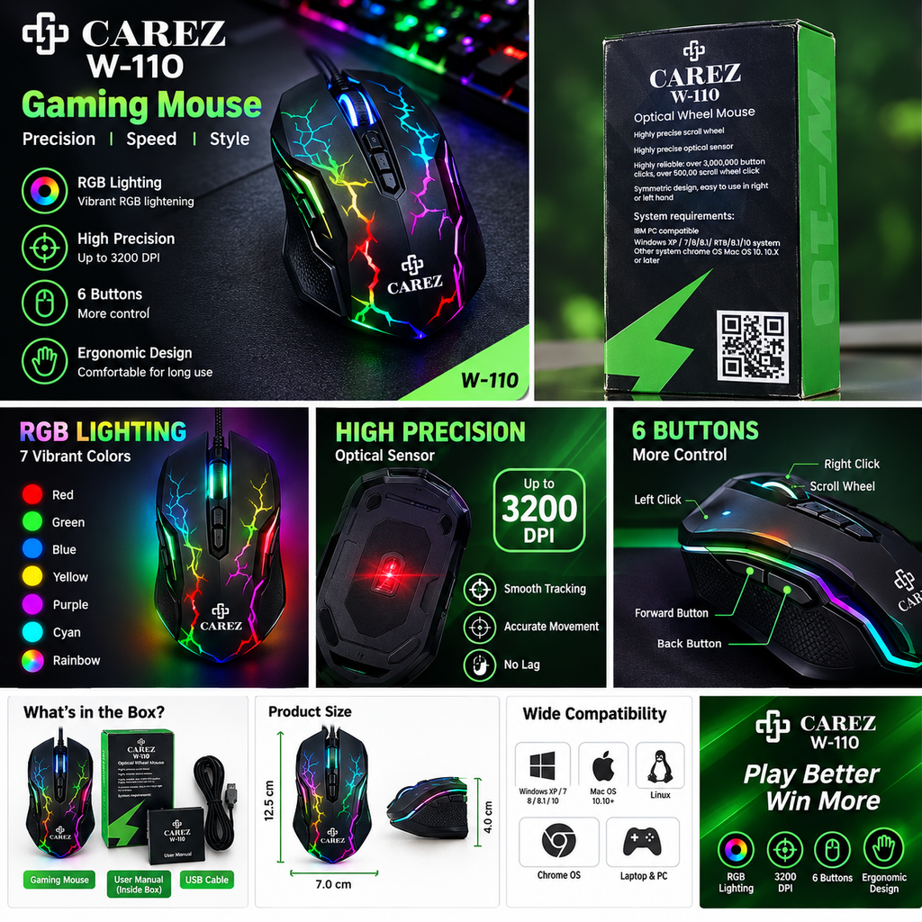 Rgb 7 Light 3200 Dpi breathing| W110 RGB Gaming Mouse – 3200 DPI, 7-Color LED Lights, Wired USB